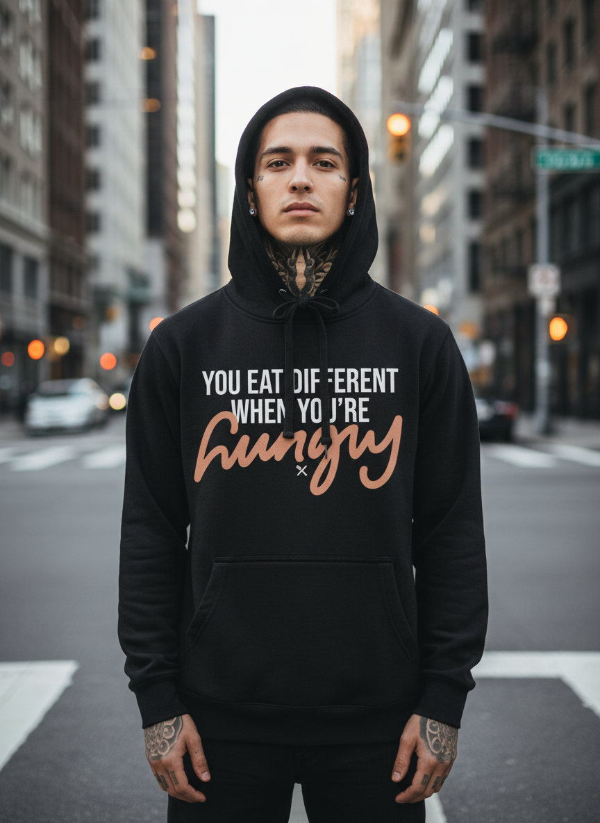 Hungry™ “You Eat Different When You’re Hungry” Hoodie – Motivational Unisex Pullover
